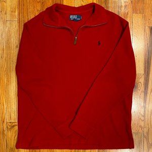 Polo Ralph Lauren Red Cotton Quarter Zip Sweater Blue Logo Size Large
